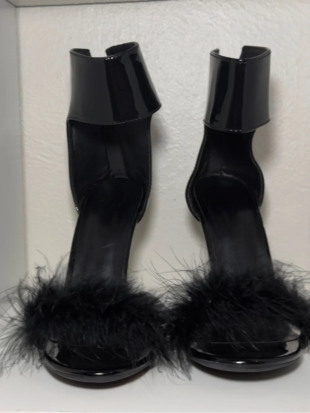 SHEIN Black Patent Faux Fur Ankle-Strap High Heels